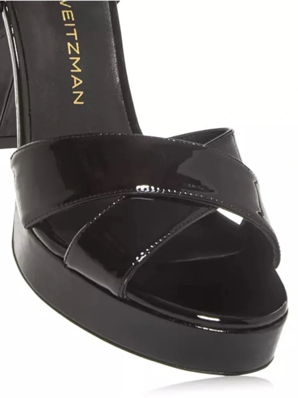 Stuart Weitzman Black Patent Platform Block Heel Sandal with Gold Buckle